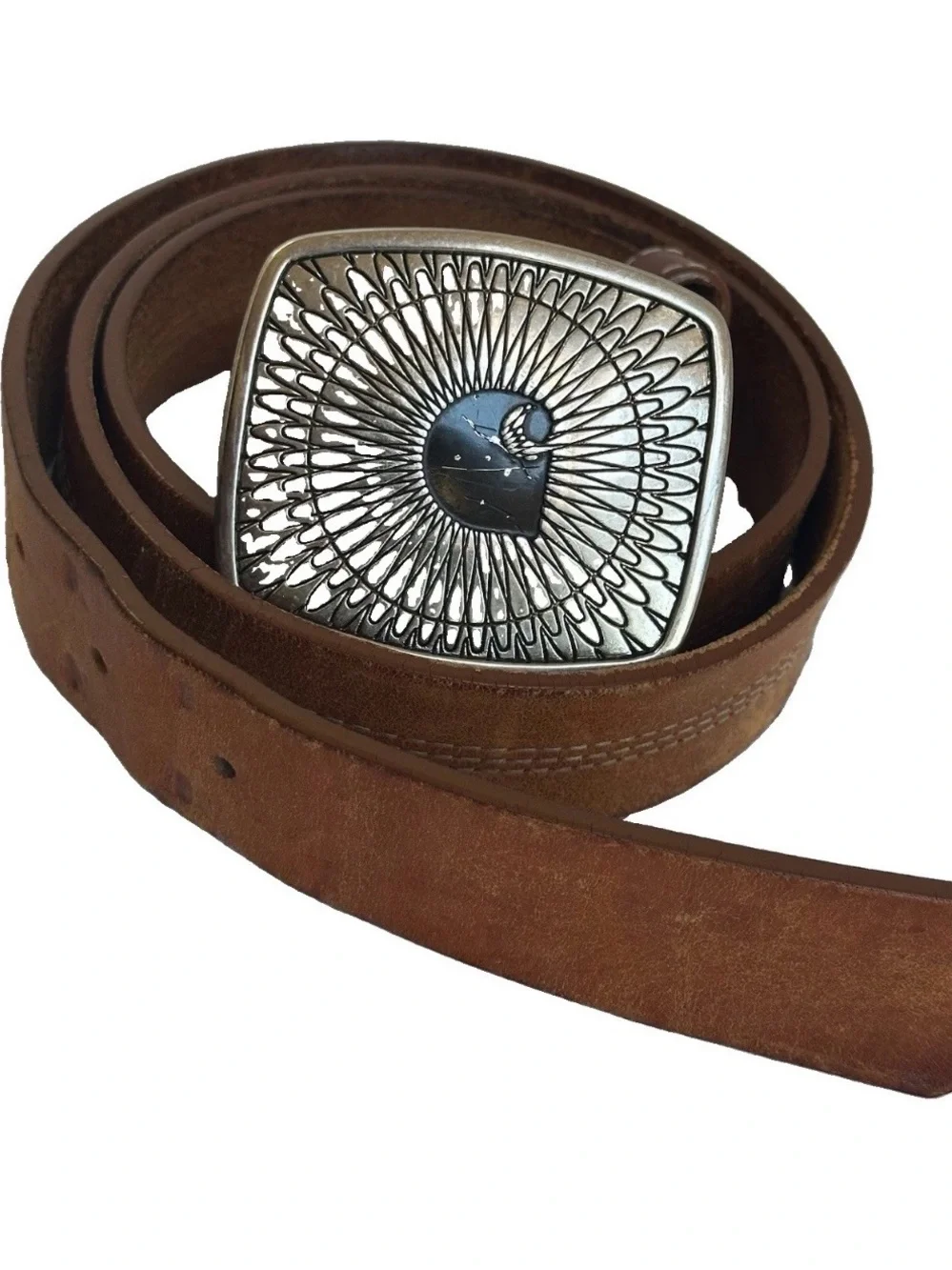 VTG Carhartt Cowhide Leather Belt Silver C Logo Buckle Brown Nubuck L 40 WA011